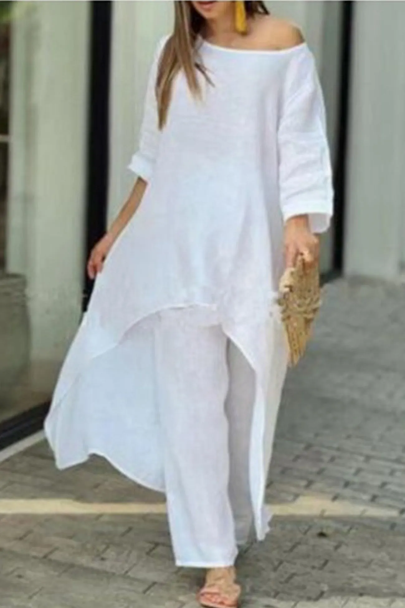 Maxct Cotton Drop Shoulder Irregular Tops Pants Set