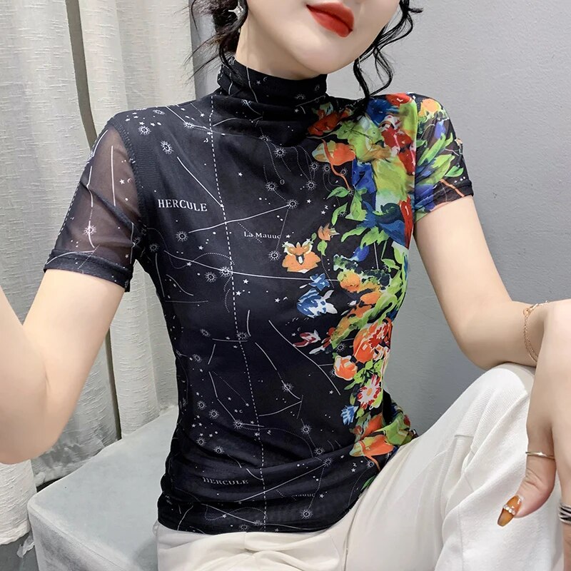 Maxct Printed Mesh T Shirt Women Short Sleeve Turtleneck TShirts Lady Basic High Stretch Tops Tees