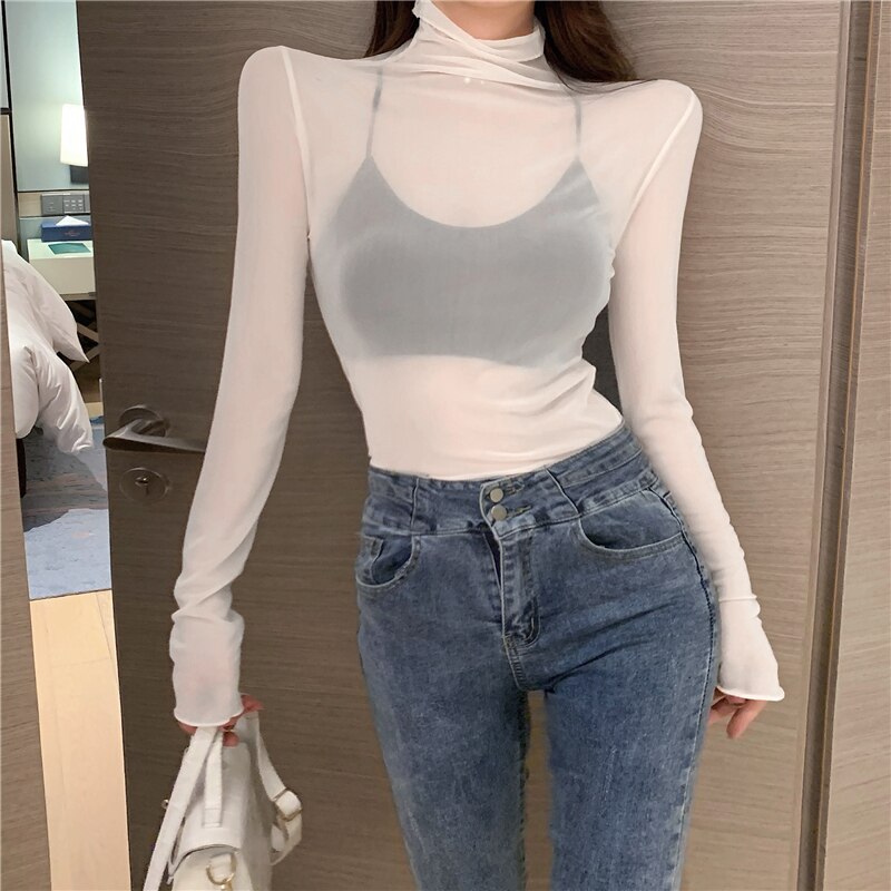 Maxct T Shirts Women Transparent Tops Long Sleeve Slim Turtleneck Stretchy T-Shirt Autumn Tees