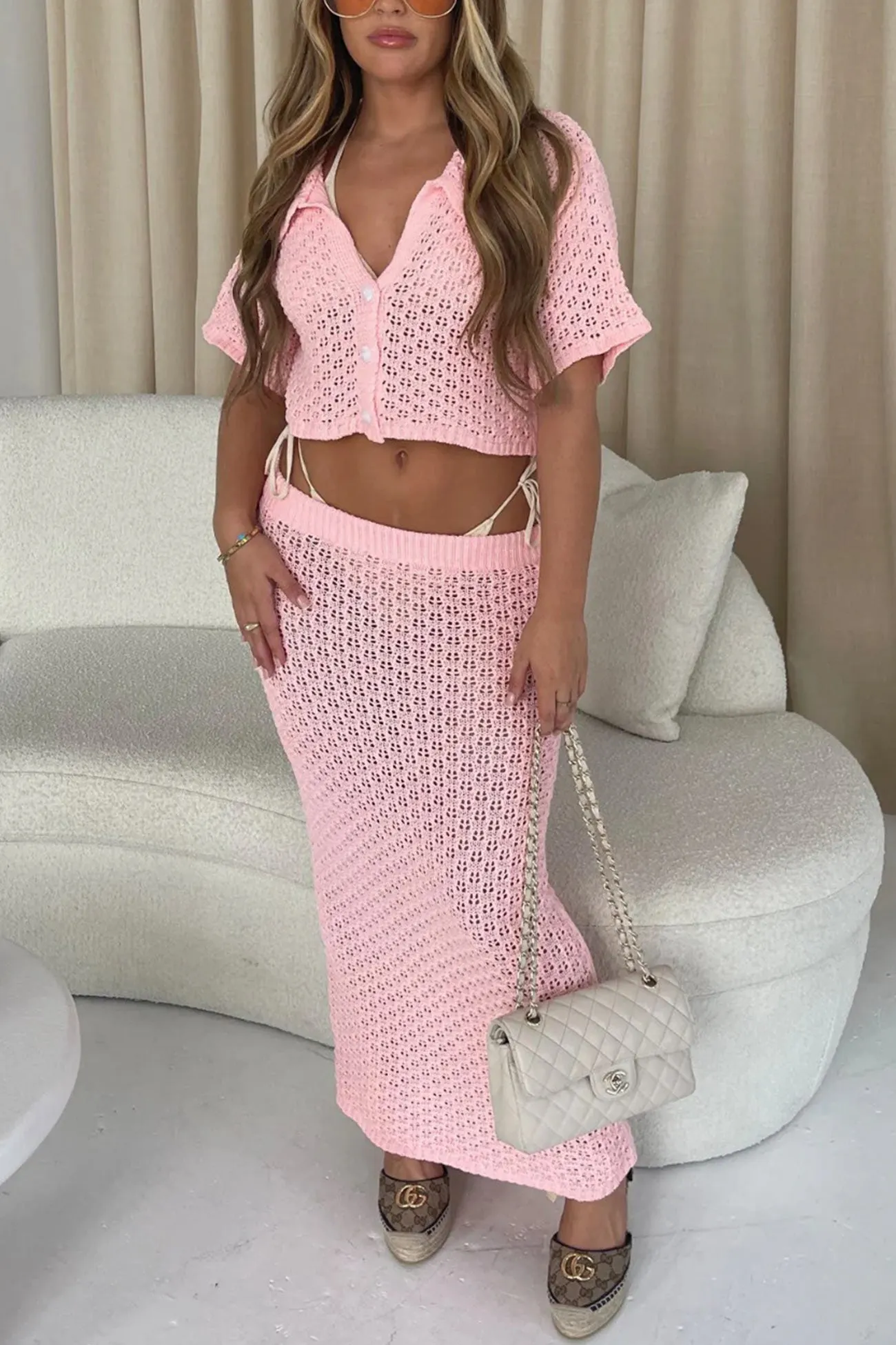 Maxct Hollow Out Crochet Blouses Midi Skirt Suits