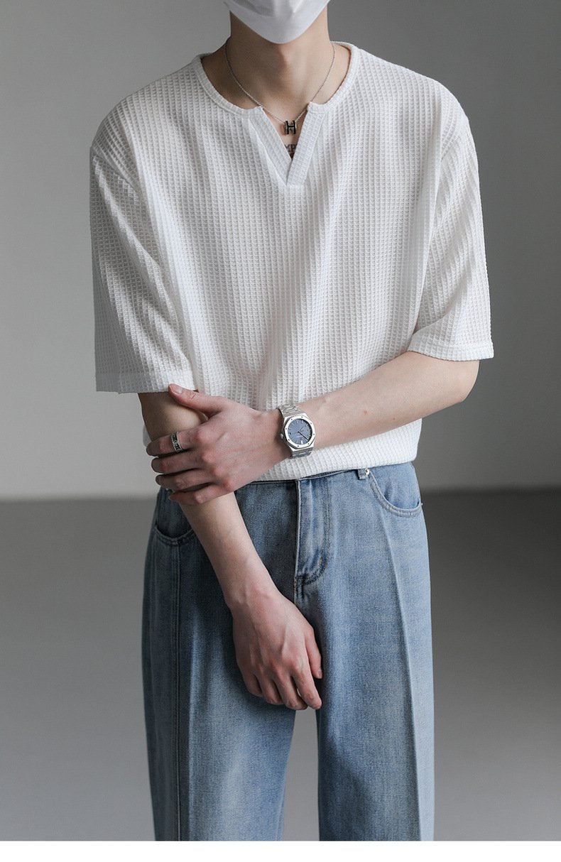 Maxct 90s Streetwear Summer New Korean Style Loose Small V-neck Short-sleeved T-shirt Men's Fashion Brand Wafflet High-end Sense Half-sleeved T-shirt Top