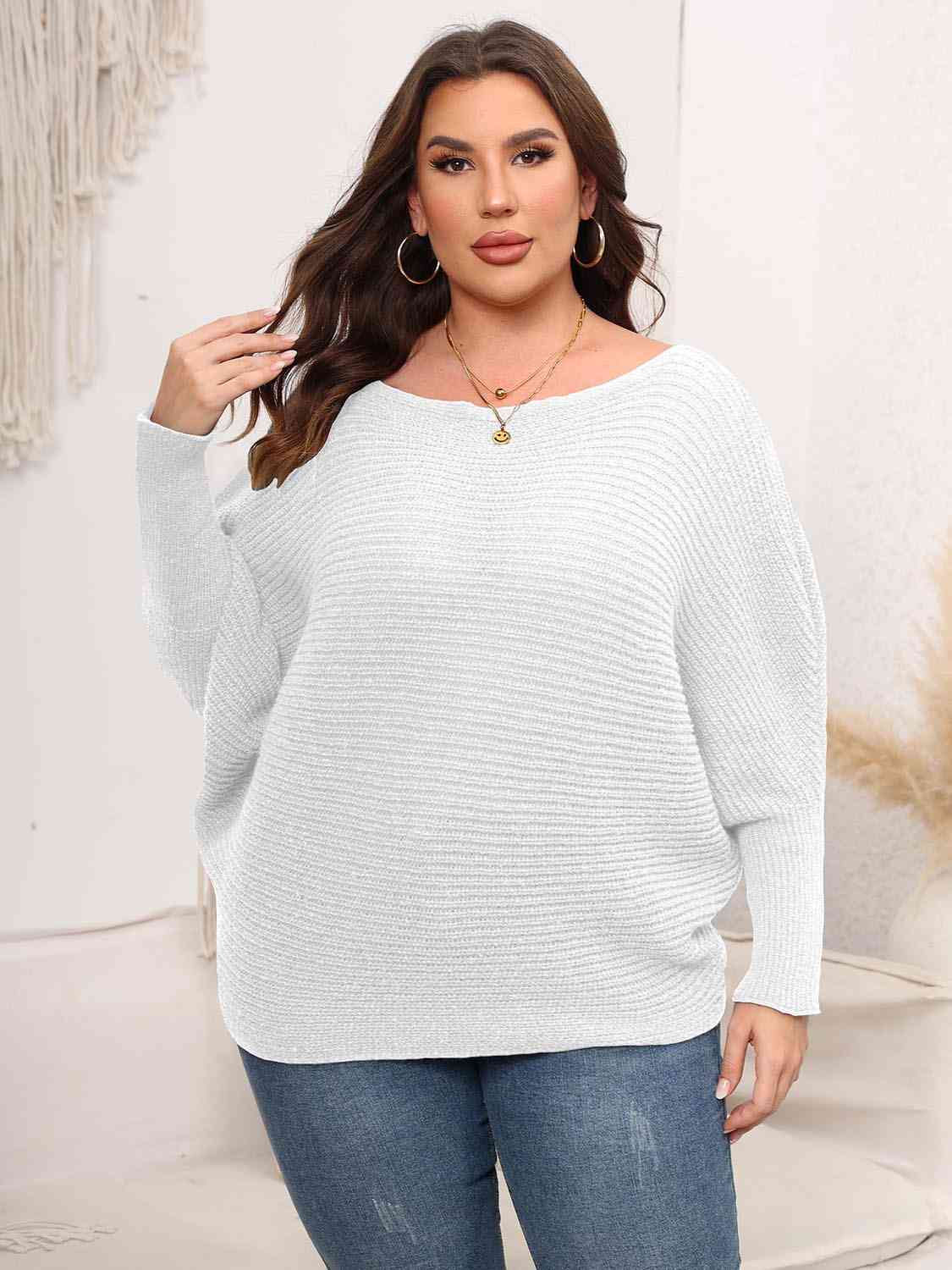 Maxct &Full Size Boat Neck Batwing Sleeve Sweater