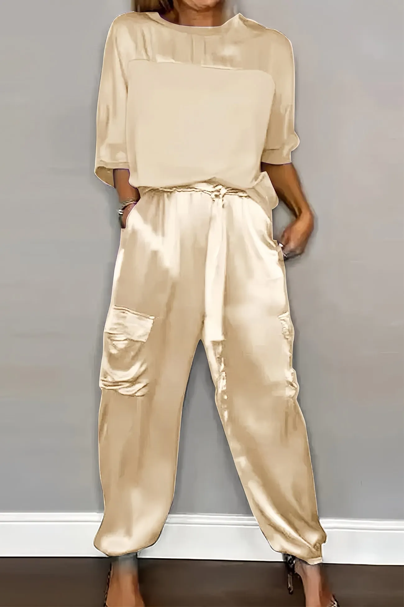 Maxct Satin Half Sleeve Shirt Two-piece Pants Set