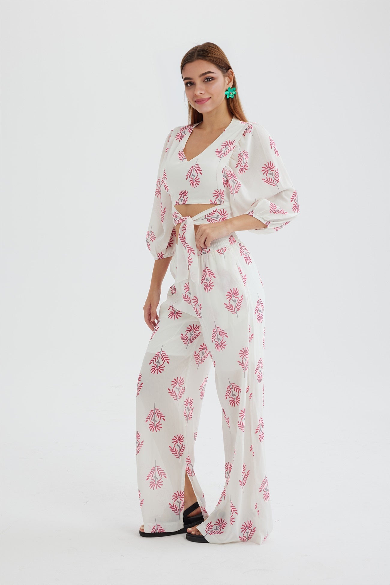 Maxct Floral Print Puff Sleeve Knotted-front Tops Long Pants Suits