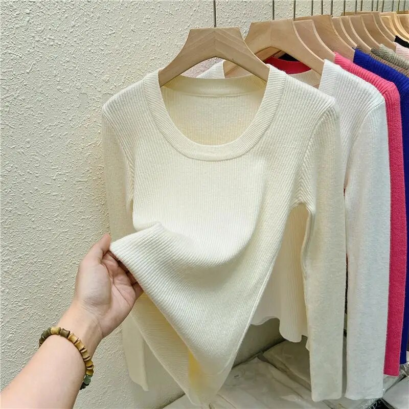 Maxct Photos U-neck Knitted Sweater For Women's Autumn Long Sleeved Top Girls Simple Base Jumper GT8311