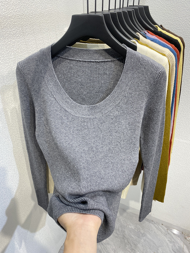Maxct Photos U-neck Knitted Sweater For Women's Autumn Long Sleeved Top Girls Simple Base Jumper GT8311