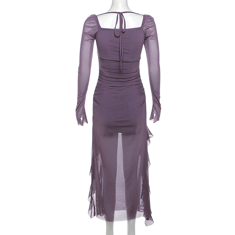 Y2k Gentle Temperament Ruffled Square Collar Slit Dress FeCross-Border Solid Color Long Sleeve Strap Wrapped Hip Long Dress