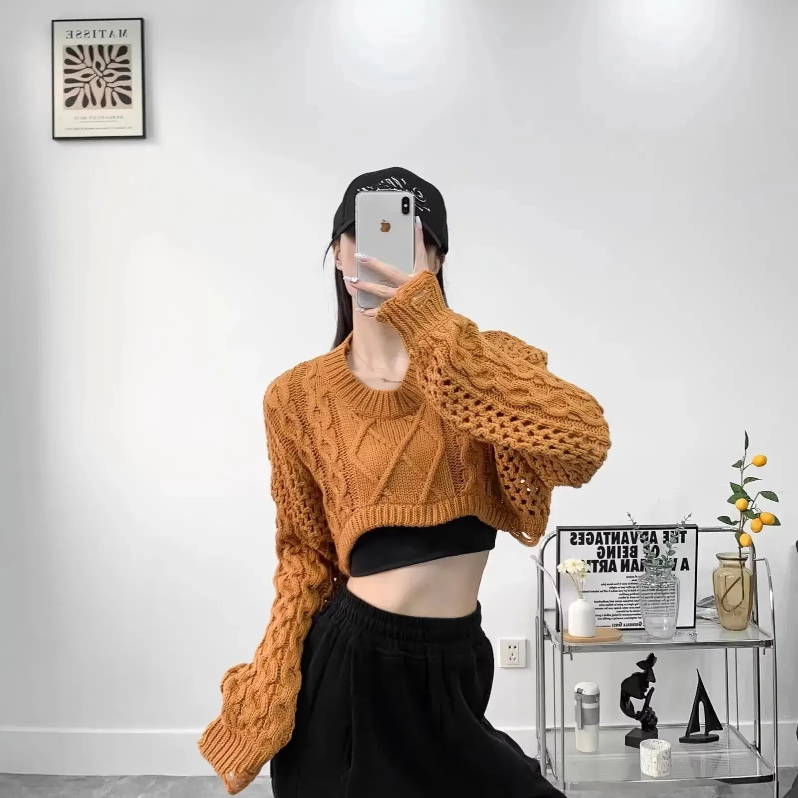 Maxct Sweater For Women Vintage Loose Casual Long Sleeve Knit Sweater Y2k Hollow Out Streetwear Top