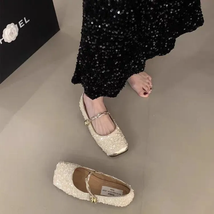 Sequined Square Toe Mary Jane Flats Maxct