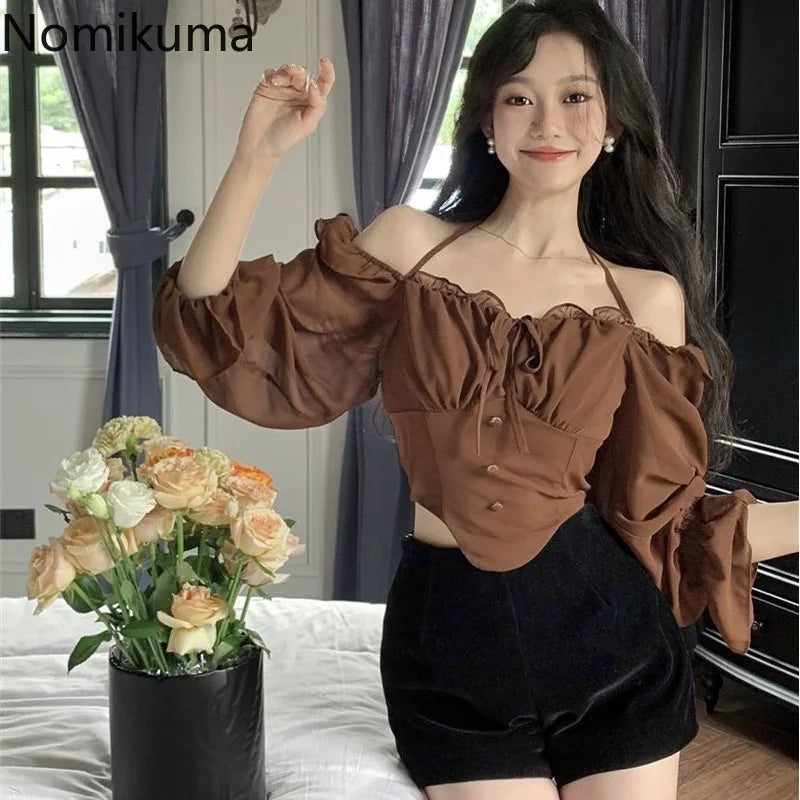 Maxct Shirts Blouses Spring Autumn Halter Off Shoulder Ruffles Patchwork Blusa Feminina Vintage Elegant Sexy Camisas De Mujer