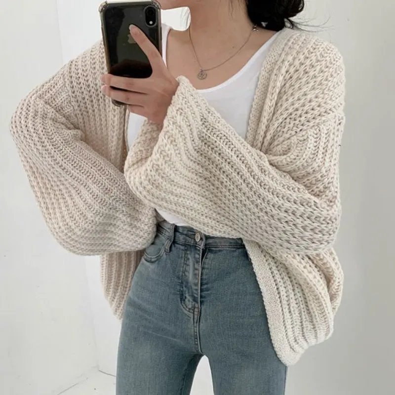 Maxct Vintage Harajuku Lantern Sleeve Women Cardigan Sweater Casual Korean Fall Streetwear Tops Coat Chic Lazy Wind Y2k Sweater