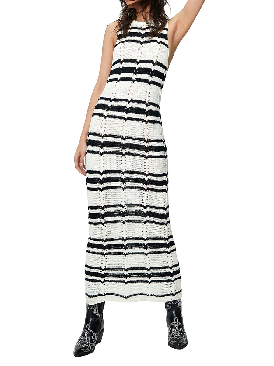 Maxct Women's Casual Long Dress O-Neck Sleeveless Contrast Color Striped Knitted Summer Slim Fit Holiday Beach Dresses