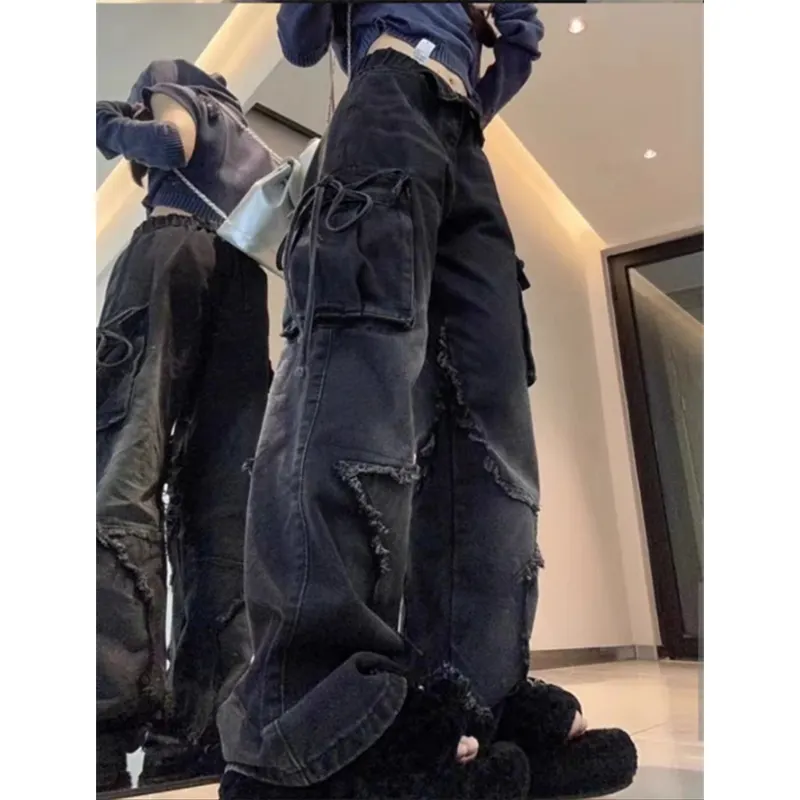 Black Gothic Baggy Women's Cargo Jeans: Star Y2K 90s Aesthetic Emo Denim Trousers - true deals club