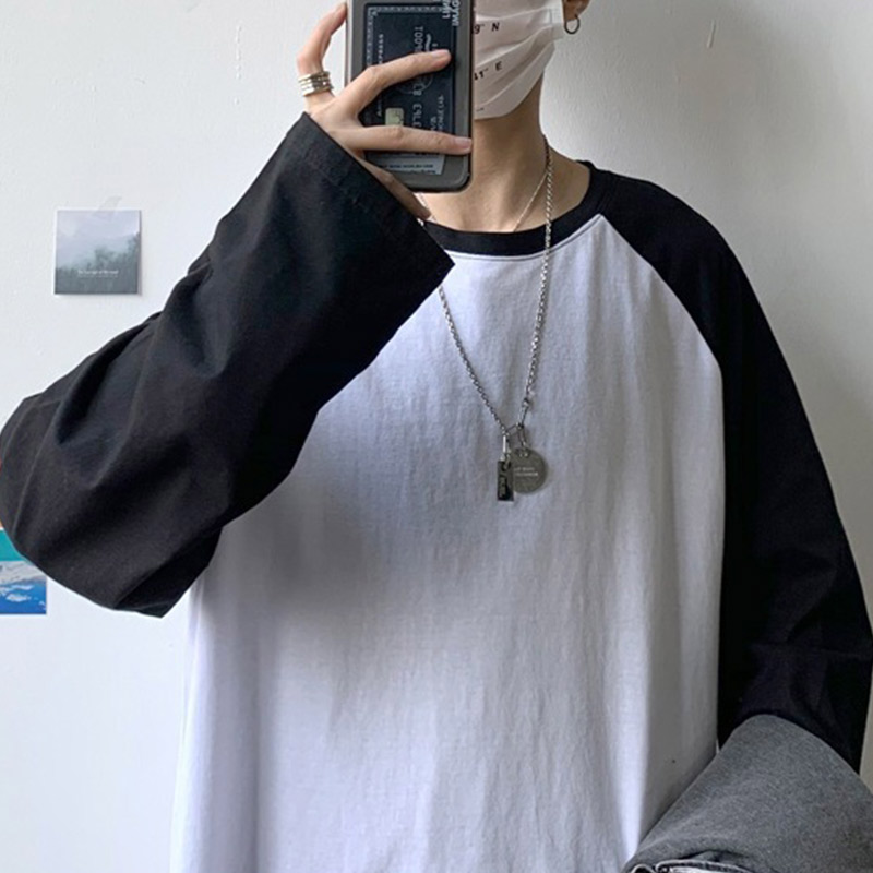 Oversized T-shirt Round Collar Contrast Color Long Sleeve Tops Women Spring Patchwork Kawaii T Shirts Unisex Streetwear