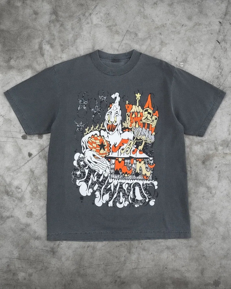 Maxct Retro Trendy Fashion Cartoon Pattern Printed Oversized T-Shirt Women's Y2K Street Hip-Hop Harajuku Loose Round Neck Short Sleeve