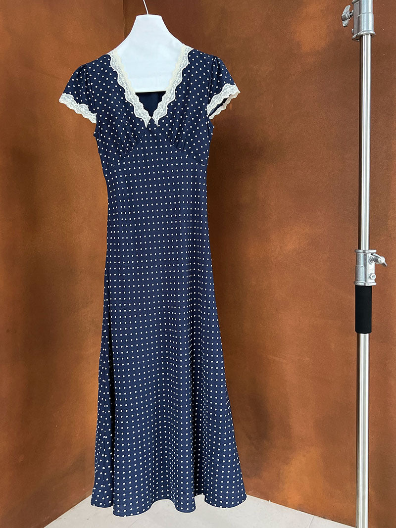 Maxct The Navy V Neck Polka Dot Lace Ruched Maxi Dress
