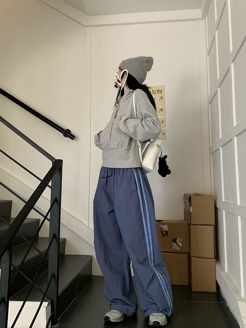 Grey Cropped Hoodies Zip Up Long Sleeve Sweatshirt Cardigan Oversized Autumn Fashion Wide Leg Track Pants Two Piece Sets