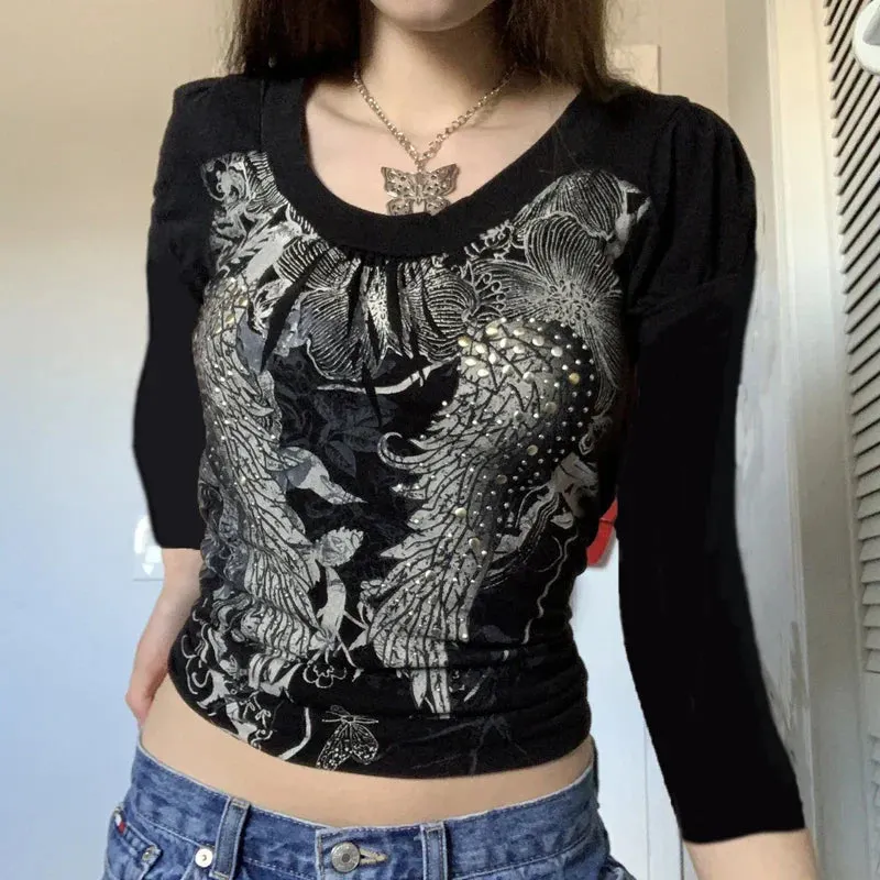 Maxct Graphics Print Y2K Retro T Shirt Indie Aesthetics Mall Goth Sweats Tees Autumn Spring Long Sleeve Crop Tops 90s Vintage Grunge