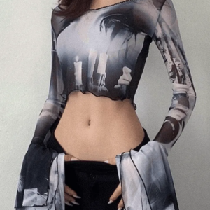 Maxct Cropped Flare Cuffs Mesh Blouse