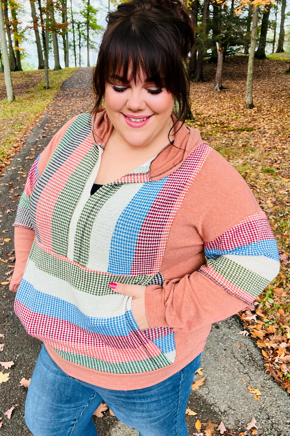Maxct &Feeling Vintage Rust & Blue Stripe Textured Notched Hoodie