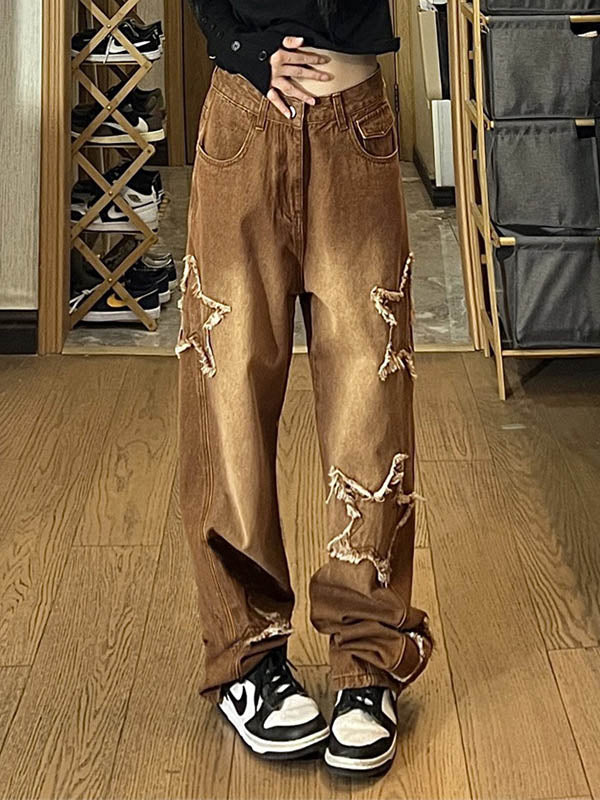 Vintage Wash Distressed Star Patch Boyfriend Jeans Maxct