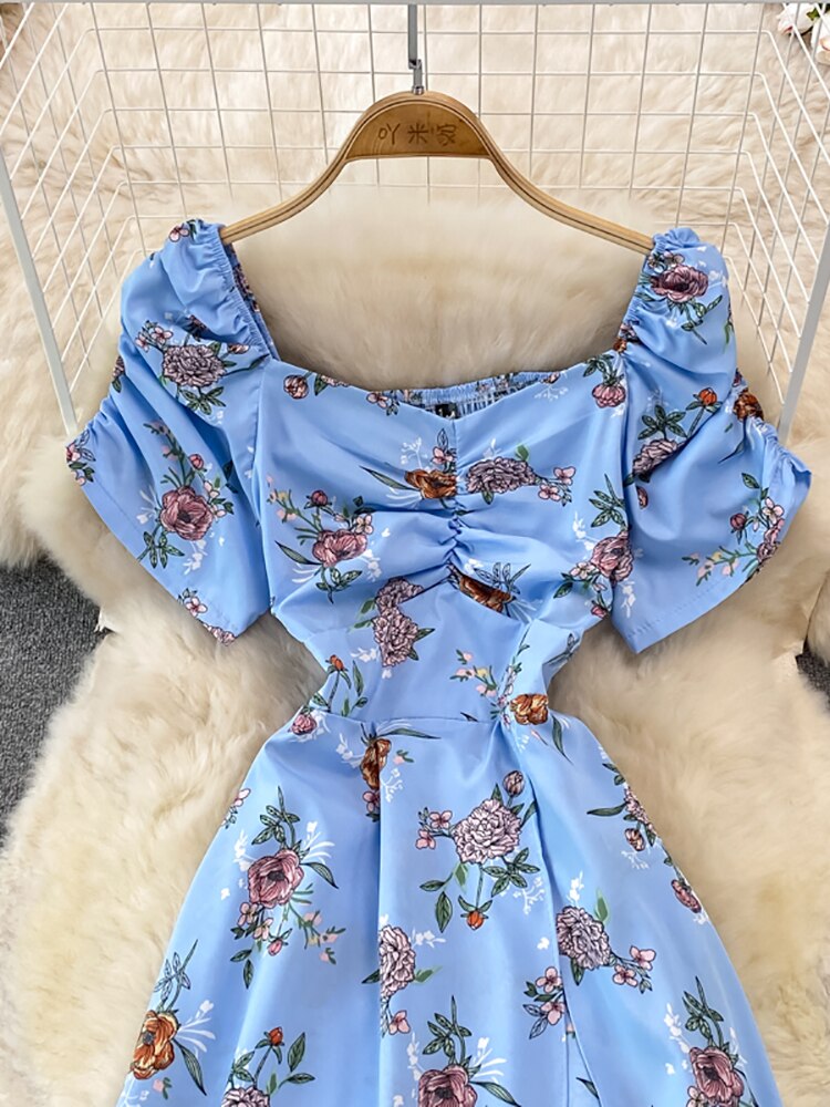 Vintage Women Printed Dresss Sexy Square Collar Short Puff Sleeve High Waist A-Line Vacation Beach Vestidos Female New