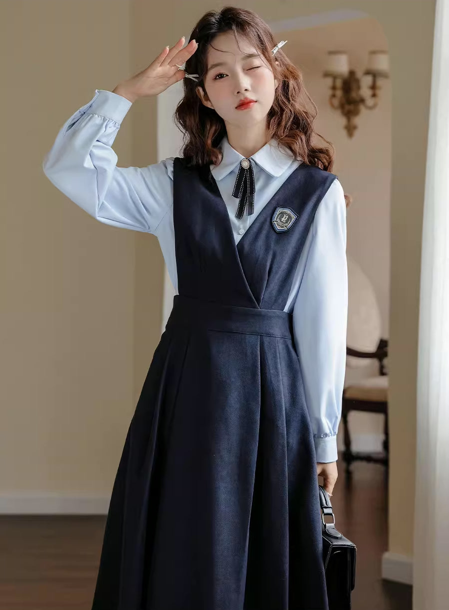 Corduroy Suede Midi Pinafore Dress & Blouse Set Maxct