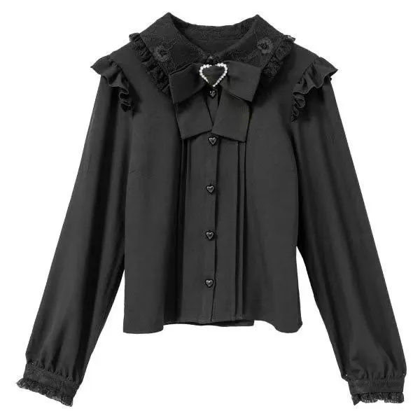 Maxct Kawaii Girl Lolita Long Sleeve Shirt Autumn Y2k Aesthetic Lace Patchwork All Match Blouse Women JK Bow Sweet Cute Tops