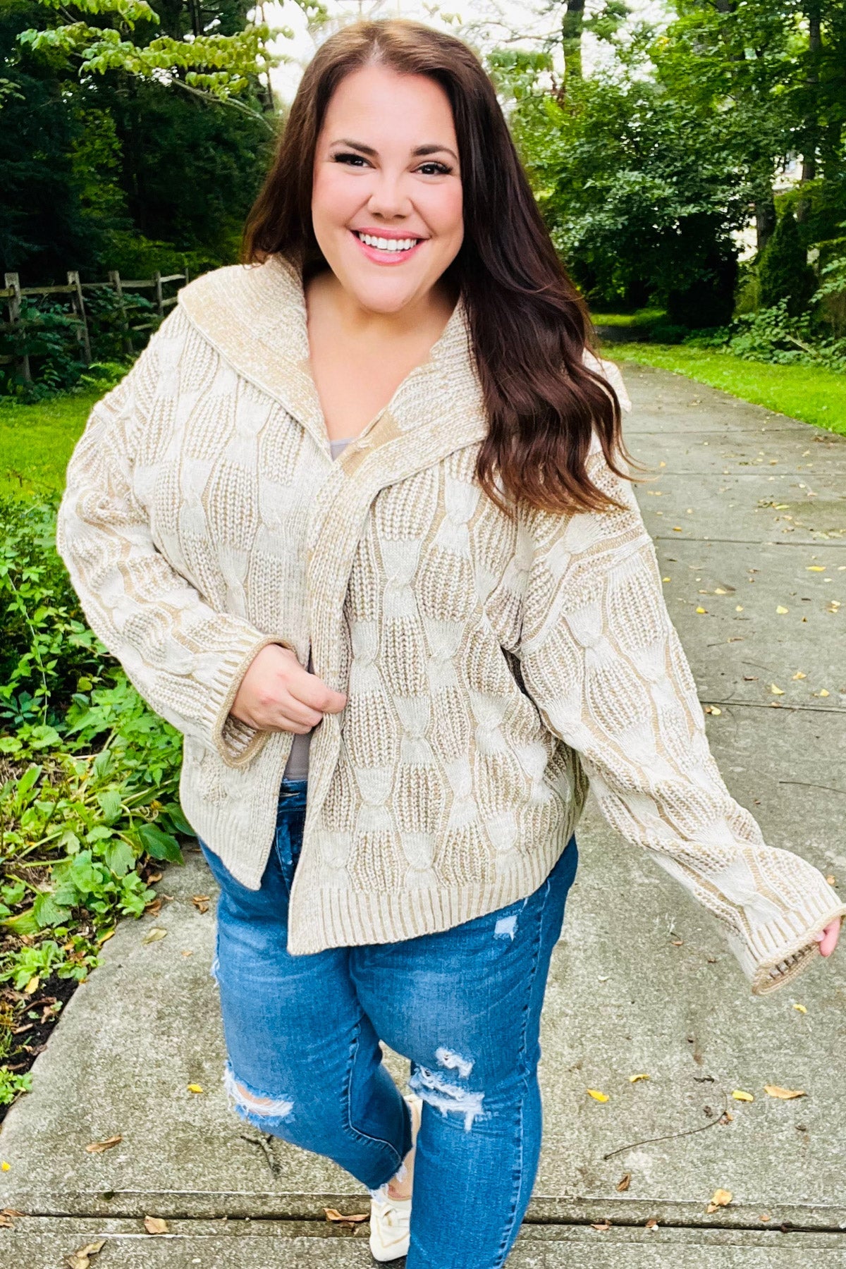 Maxct &Autumn Vibes Taupe Textured Cable Knit Collared Cardigan