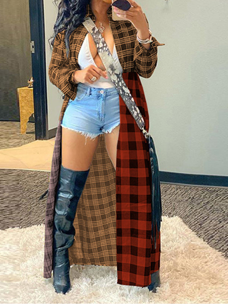 Plaid Turndown Collar Dresses Coat Maxct