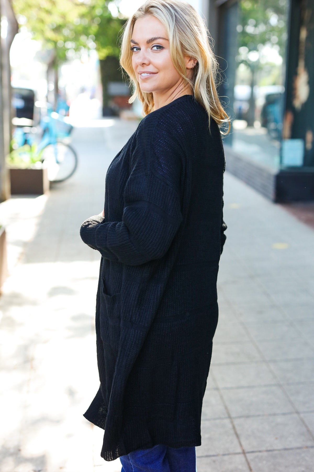 Maxct &Everyday Black Striped Knit Open Cardigan