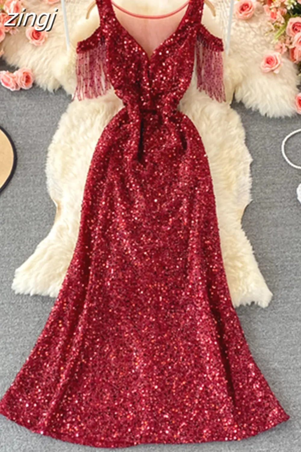 Maxct Sequins Party Maxi Dress For Women Sexy V-Neck Short Sleeve High Waist Tassel Long Robe Female Elegant Vestidos