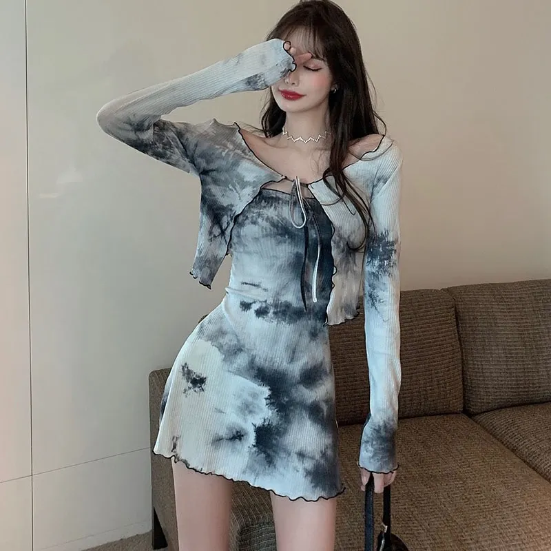 Maxct Set Autumn Tie-dye Design Sense Tube Top Dress Women Fashion Cardigan Top Two-piece Suit