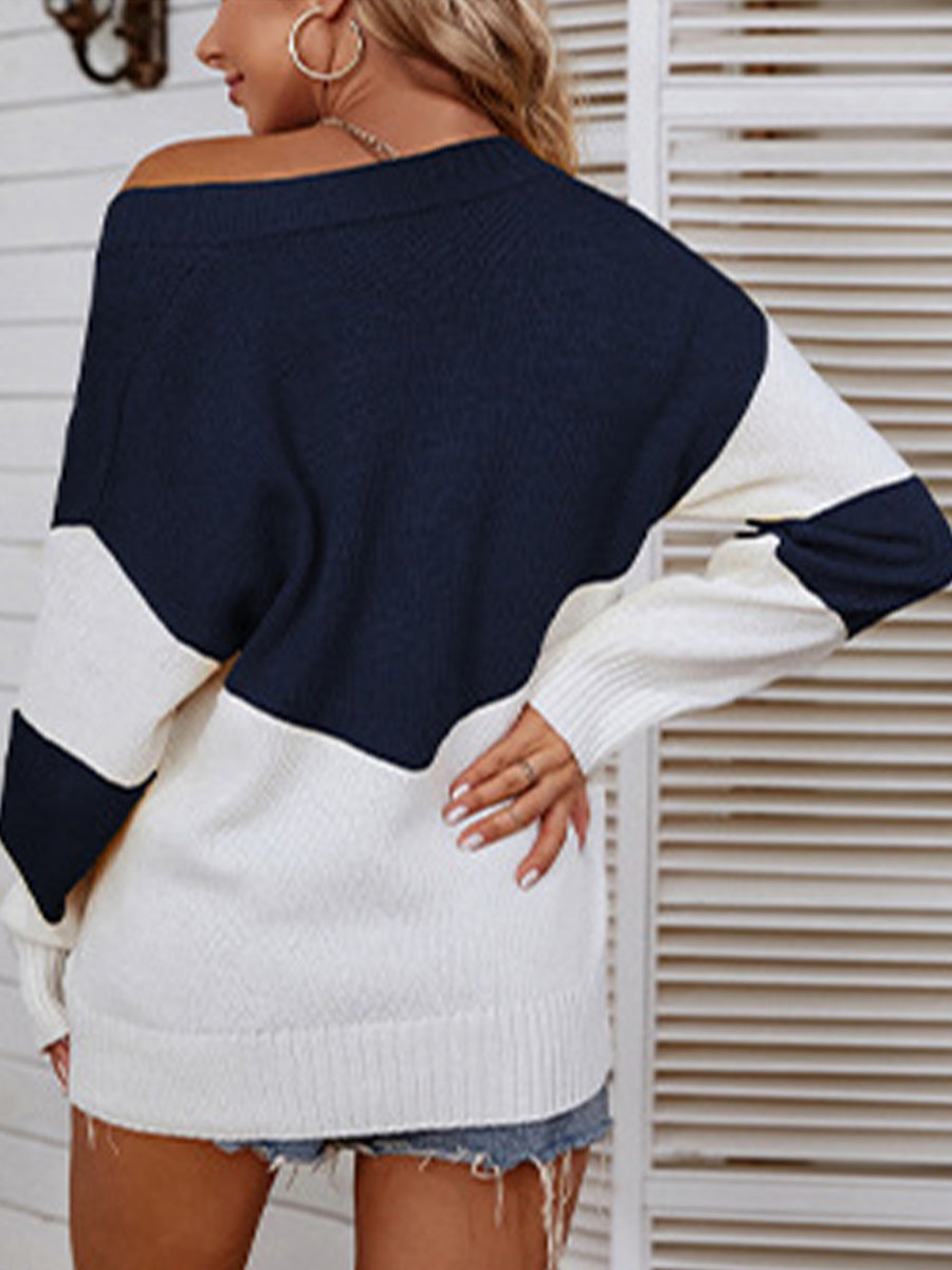 Maxct &Color Block V-Neck Sweater