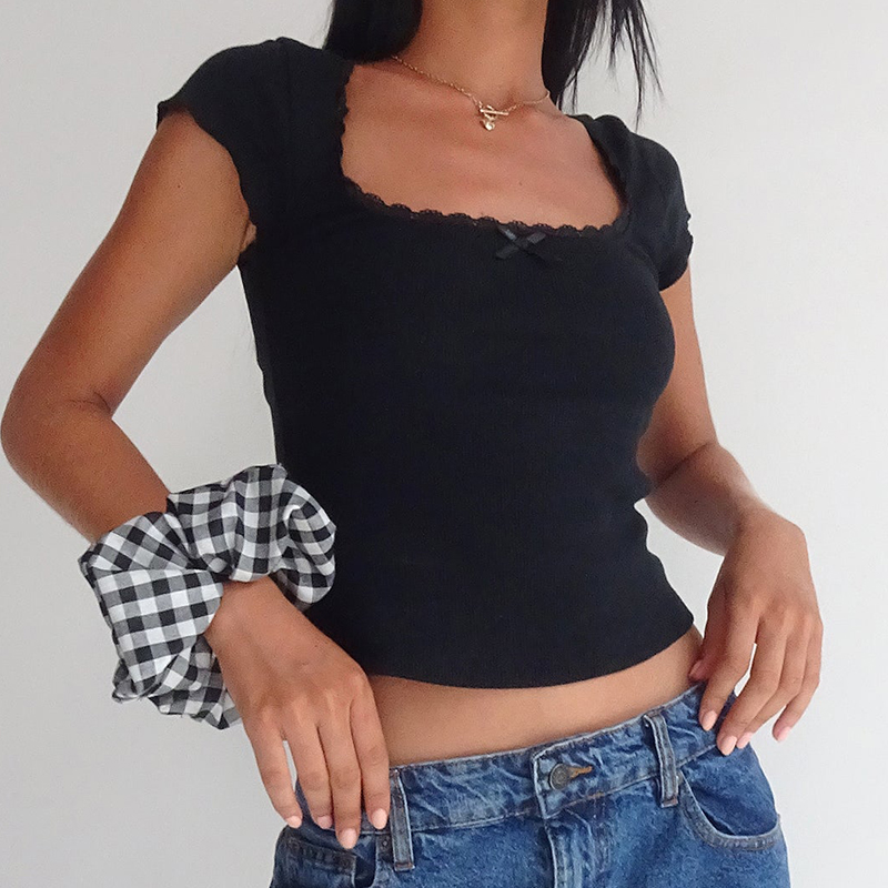 Kawaii Lace Trim T-shirt Chic Vintage Short Sleeve Rib Knitted Tees Shirt Elegant Women Fairy Cottage Y2K Crop Tops Clothes