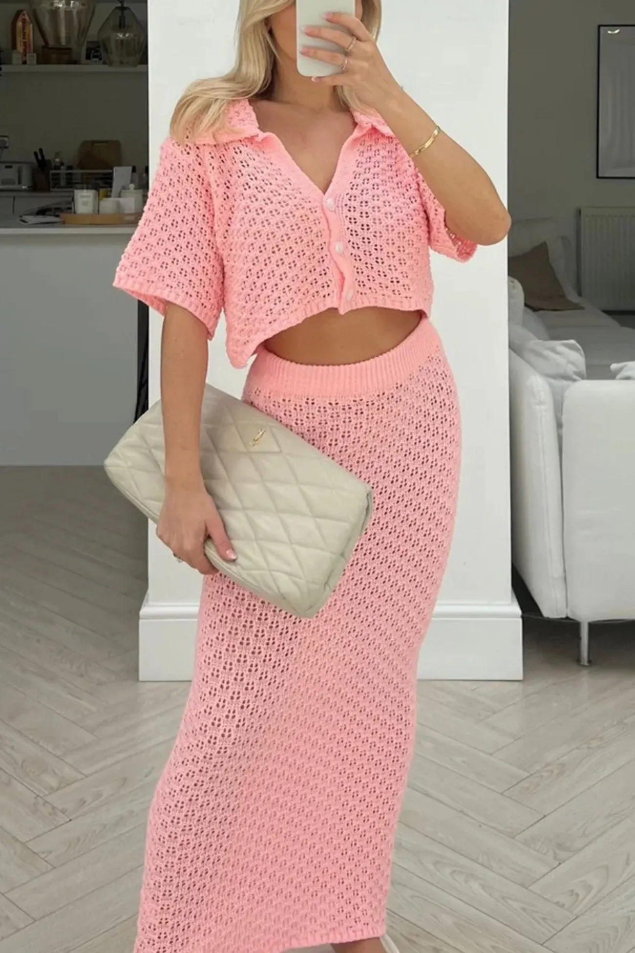 Maxct Hollow Out Crochet Blouses Midi Skirt Suits