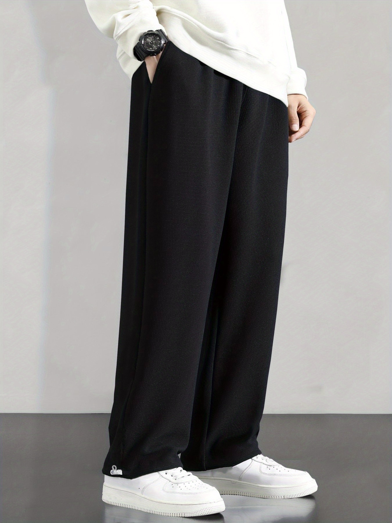 Drawstring Hem Design, Men's Loose Straight Leg Long Pants