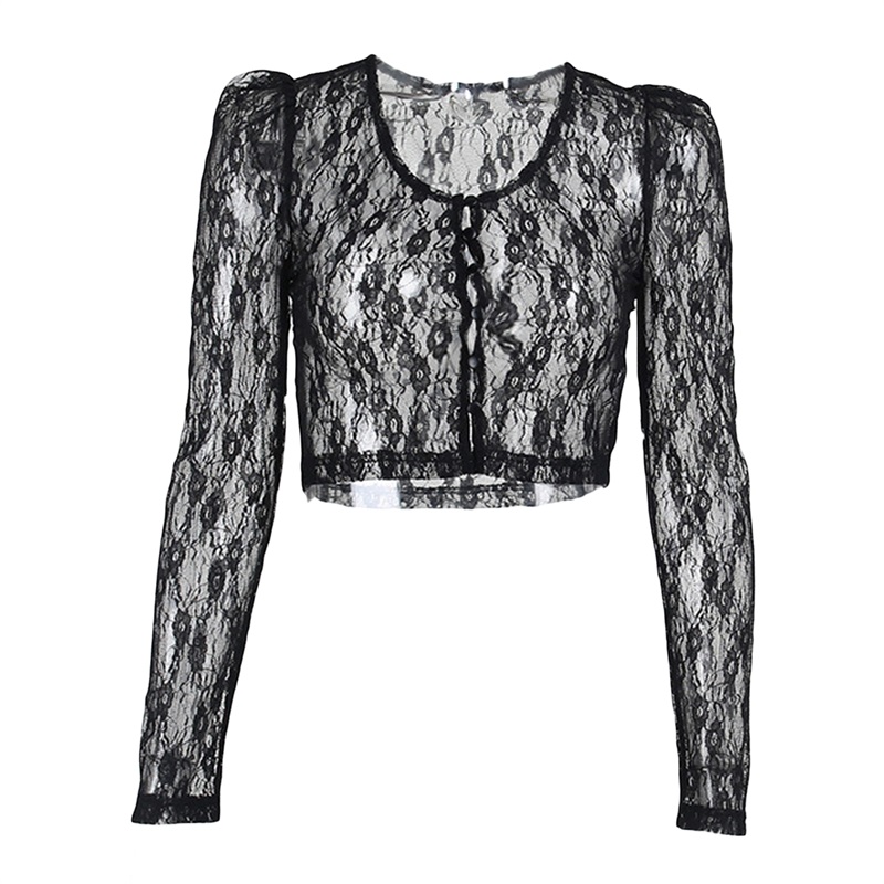 90s Vintage Button Up Long Sleeve Crop Top Floral Lace Transparent T-shirt Korean Harajuku Slim Fit Tees Y2K Women Streetwear