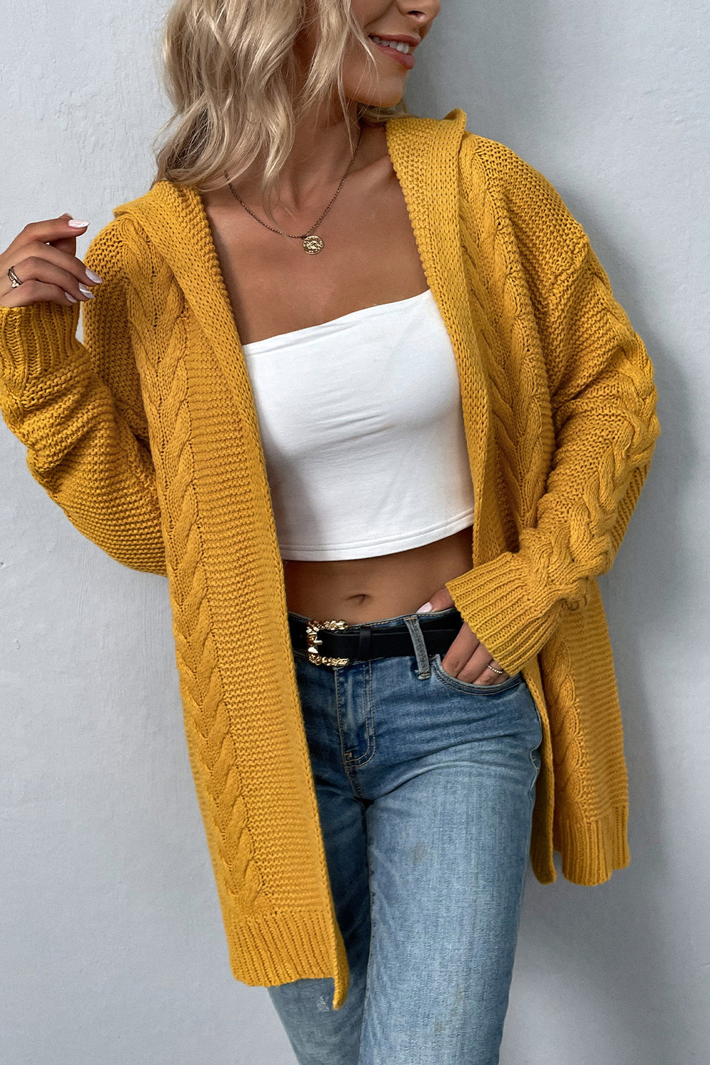 Maxct &Cable-Knit Dropped Shoulder Hooded Cardigan