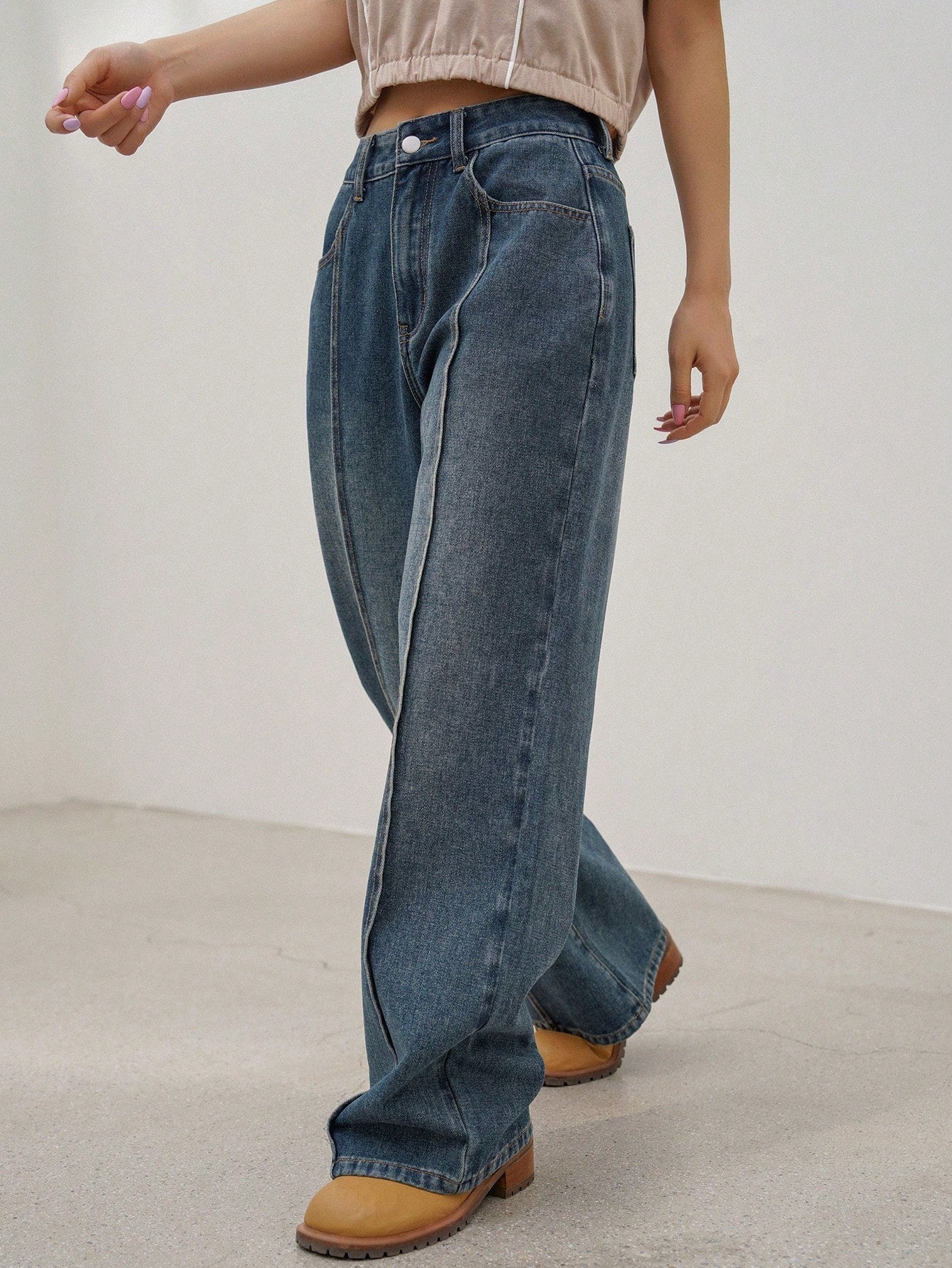 Maxct Women's Retro Washed Blue Denim Pants With Artistic Patchwork Design