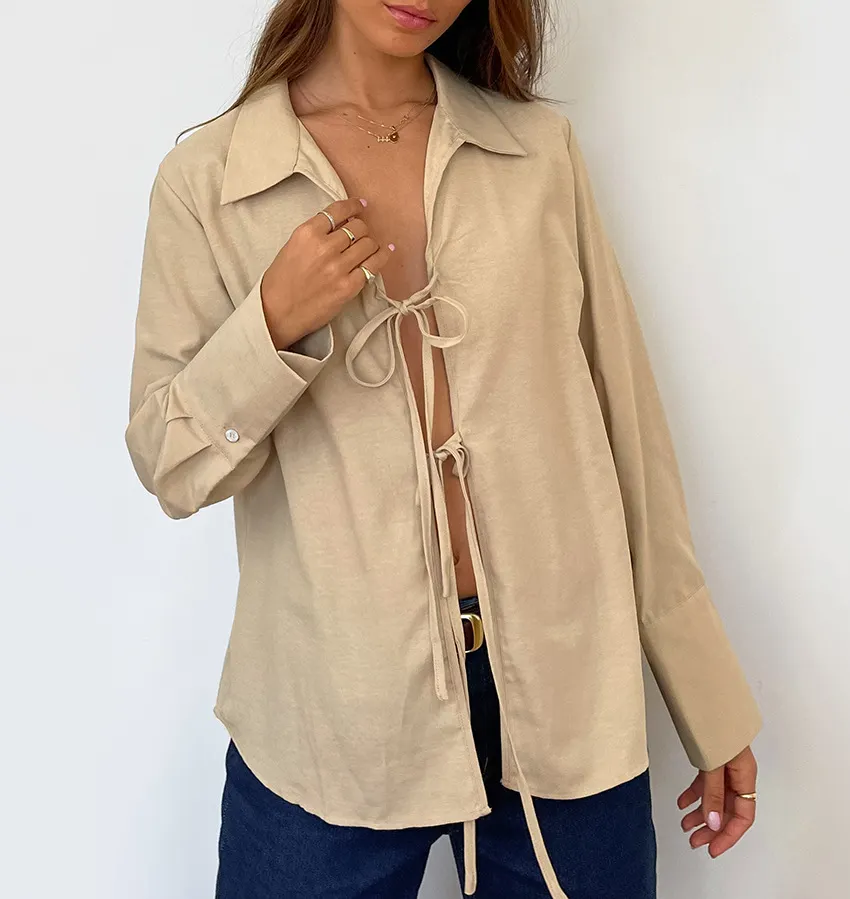 Hollow Out Lace Up White Cotton Linen Shirt Women's Long Sleeve Loose Casual Sexy Lapel Cardigan Top Female Summer new