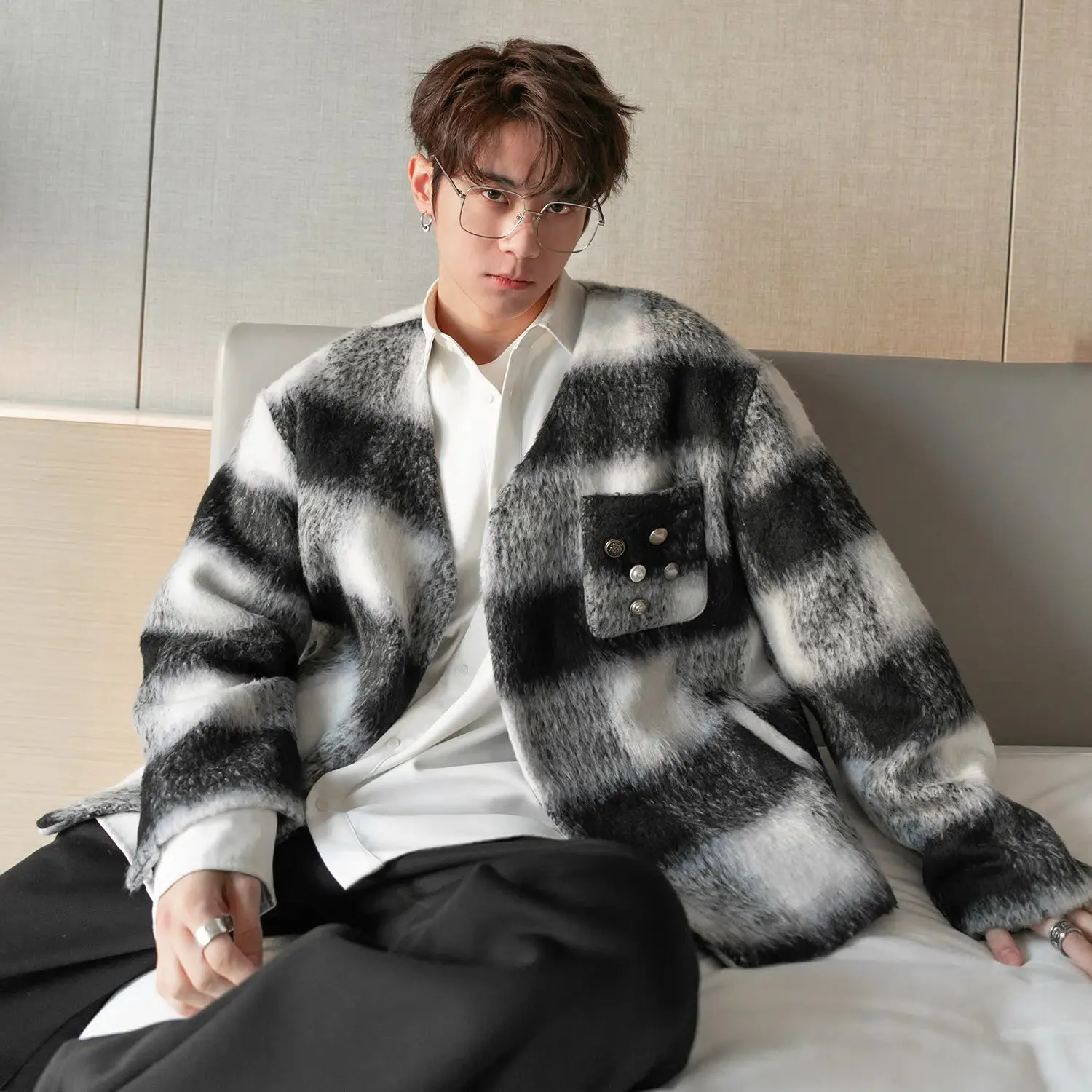 Maxct V-neck Color Striped Woolen Coat