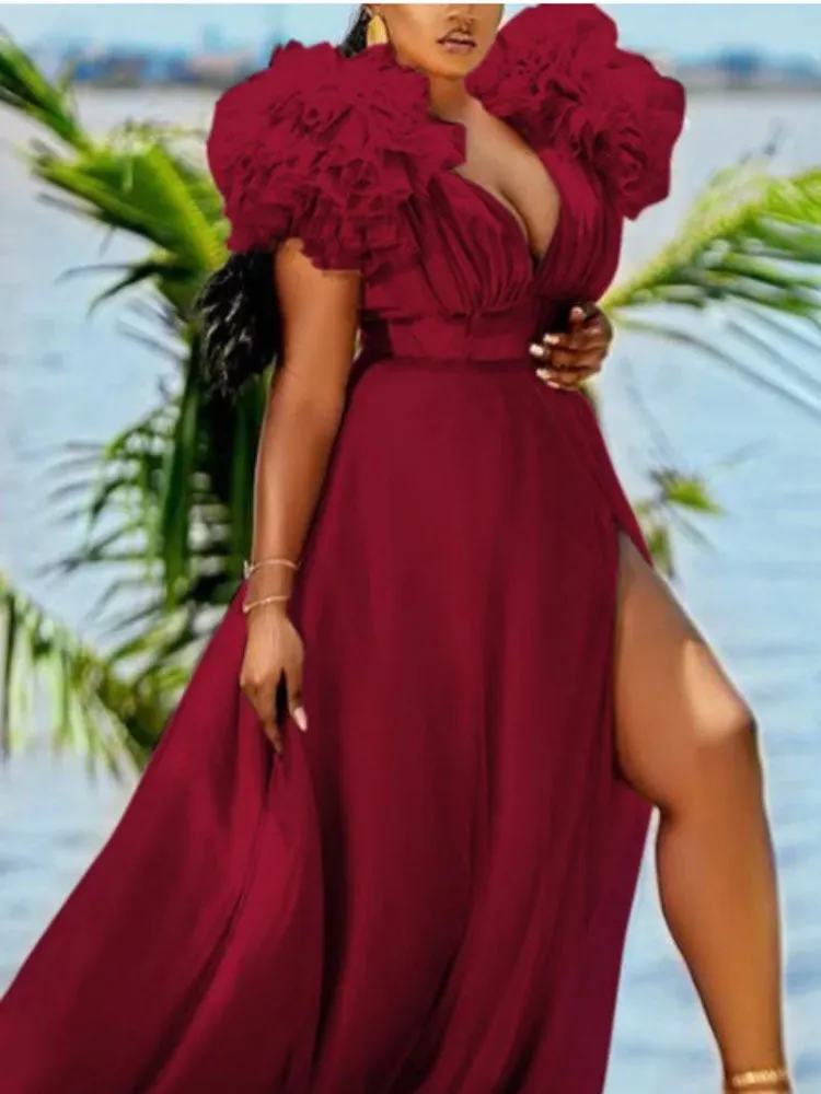 V Neck Tulle Ruffle Maxi Dress Maxct