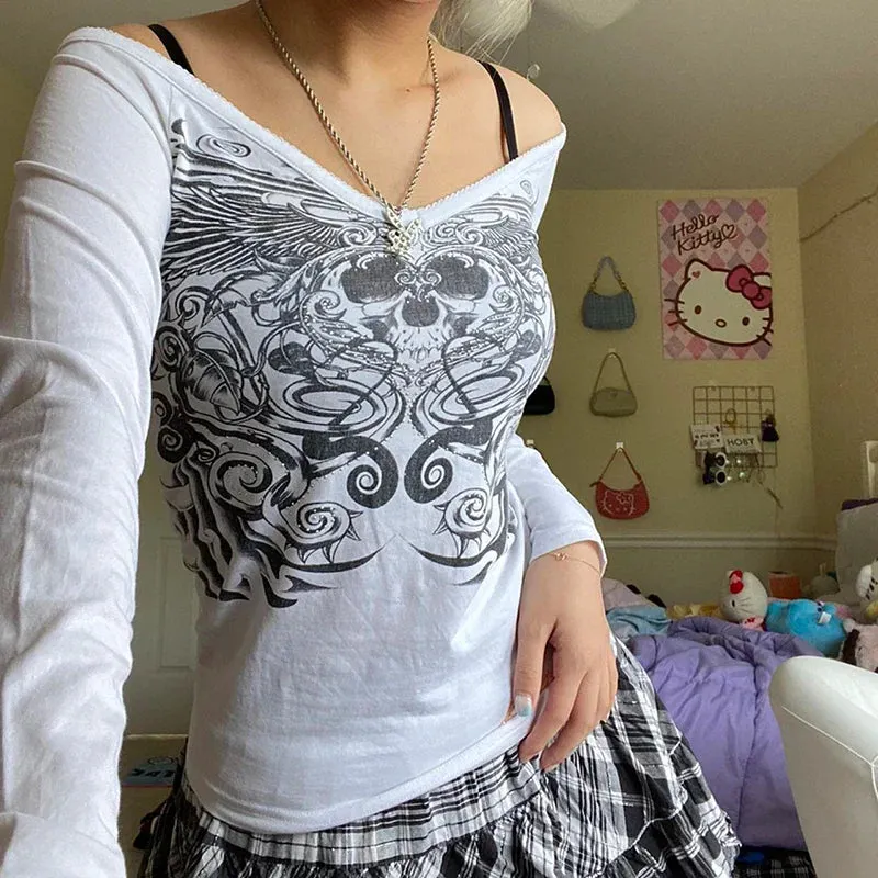 Maxct Graphics Print Y2K Retro T Shirt Indie Aesthetics Mall Goth Sweats Tees Autumn Spring Long Sleeve Crop Tops 90s Vintage Grunge