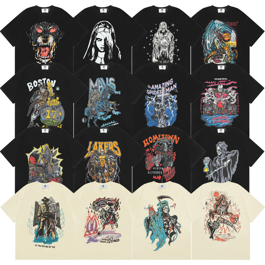 Maxct t shirt American Warren Lotas Joint-Name Skull Character Print Men's Loose round Neck Short Sleeve T-shirt Fashion Brand