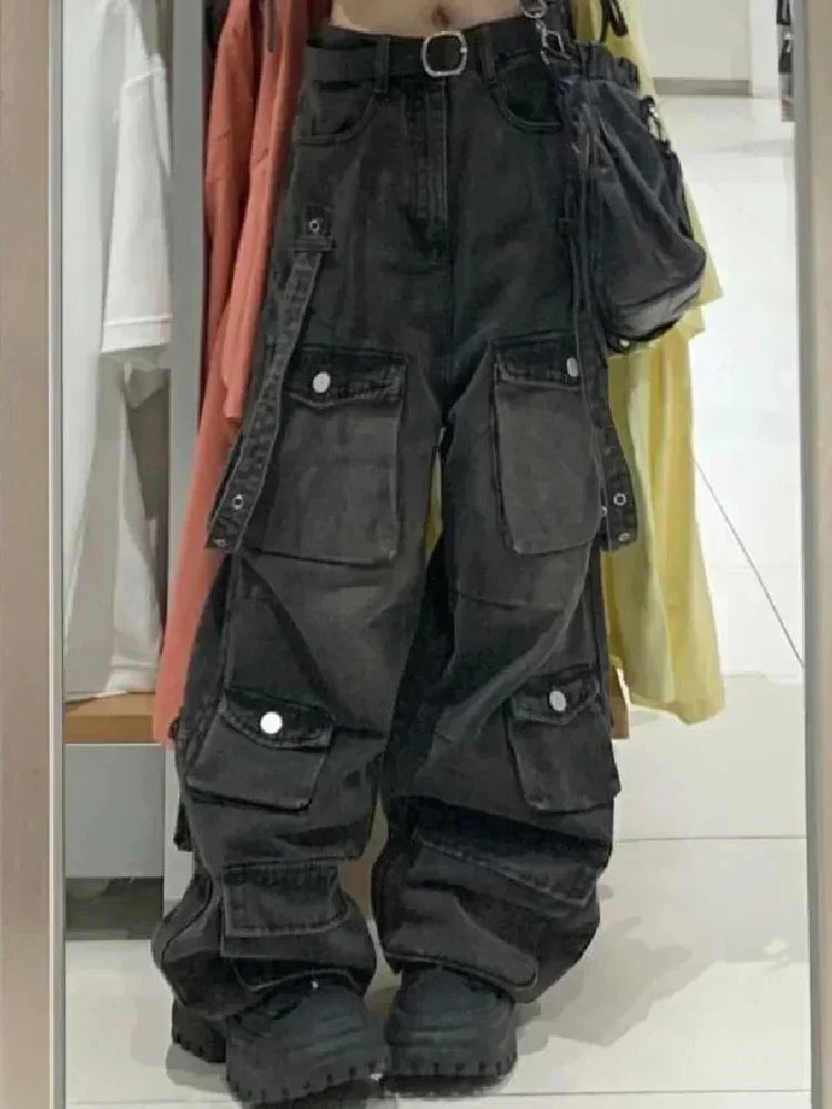 Emo Black Cargo Jeans for Women Maxct