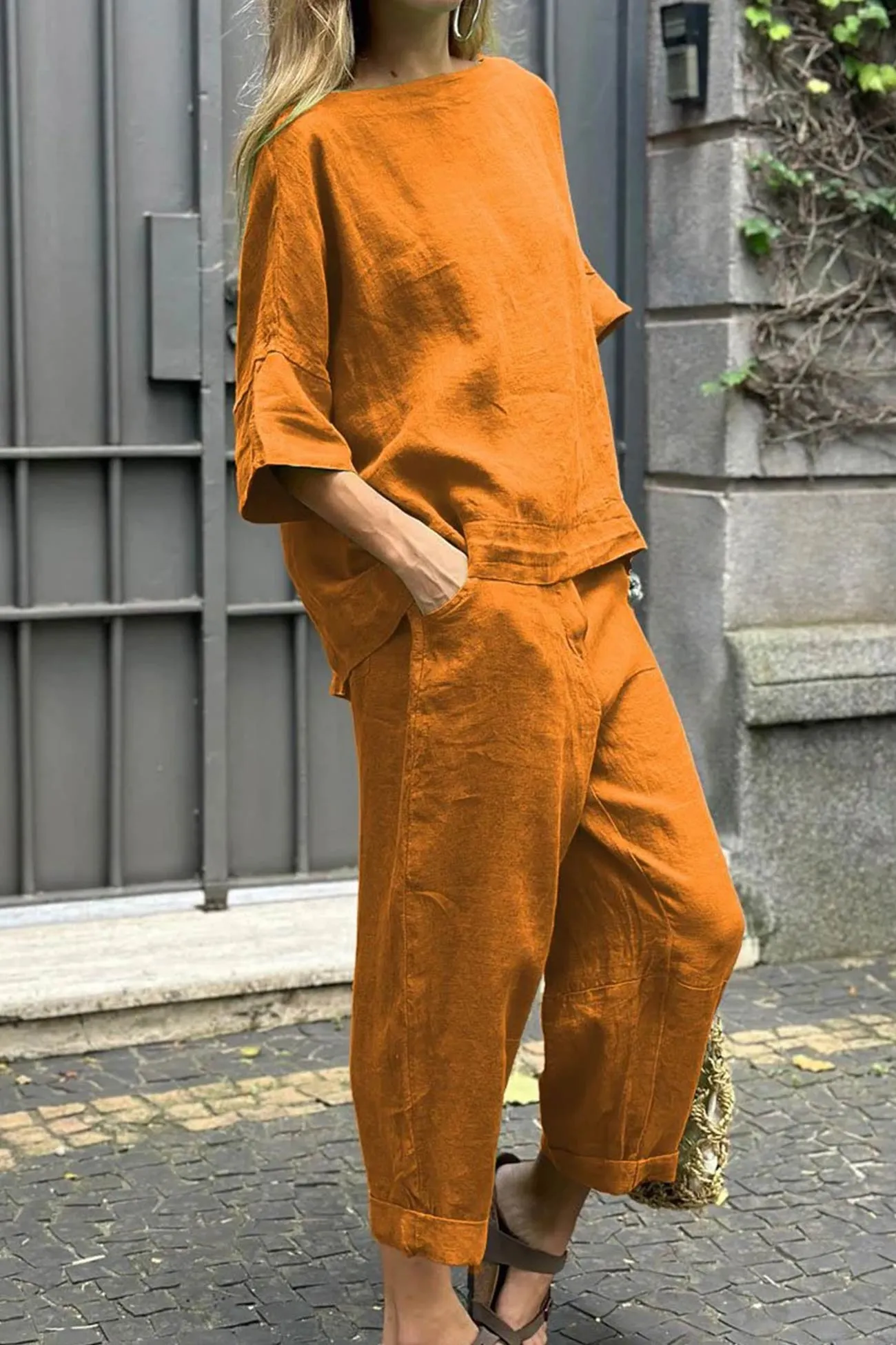 Maxct Linen Crew Neck T-shirt Two-piece Set