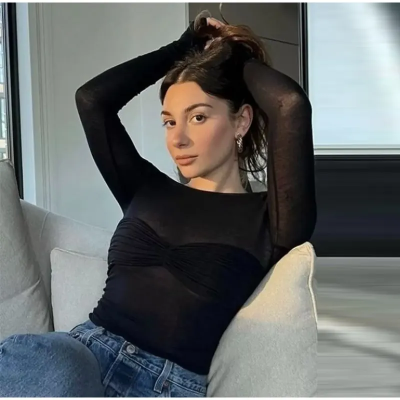 Sexy Transparent Off Shoulder Shirts Women Slim Fit Solid Perspective Thin T-Shirt Female Autumn Chic Elegant Daily Tops