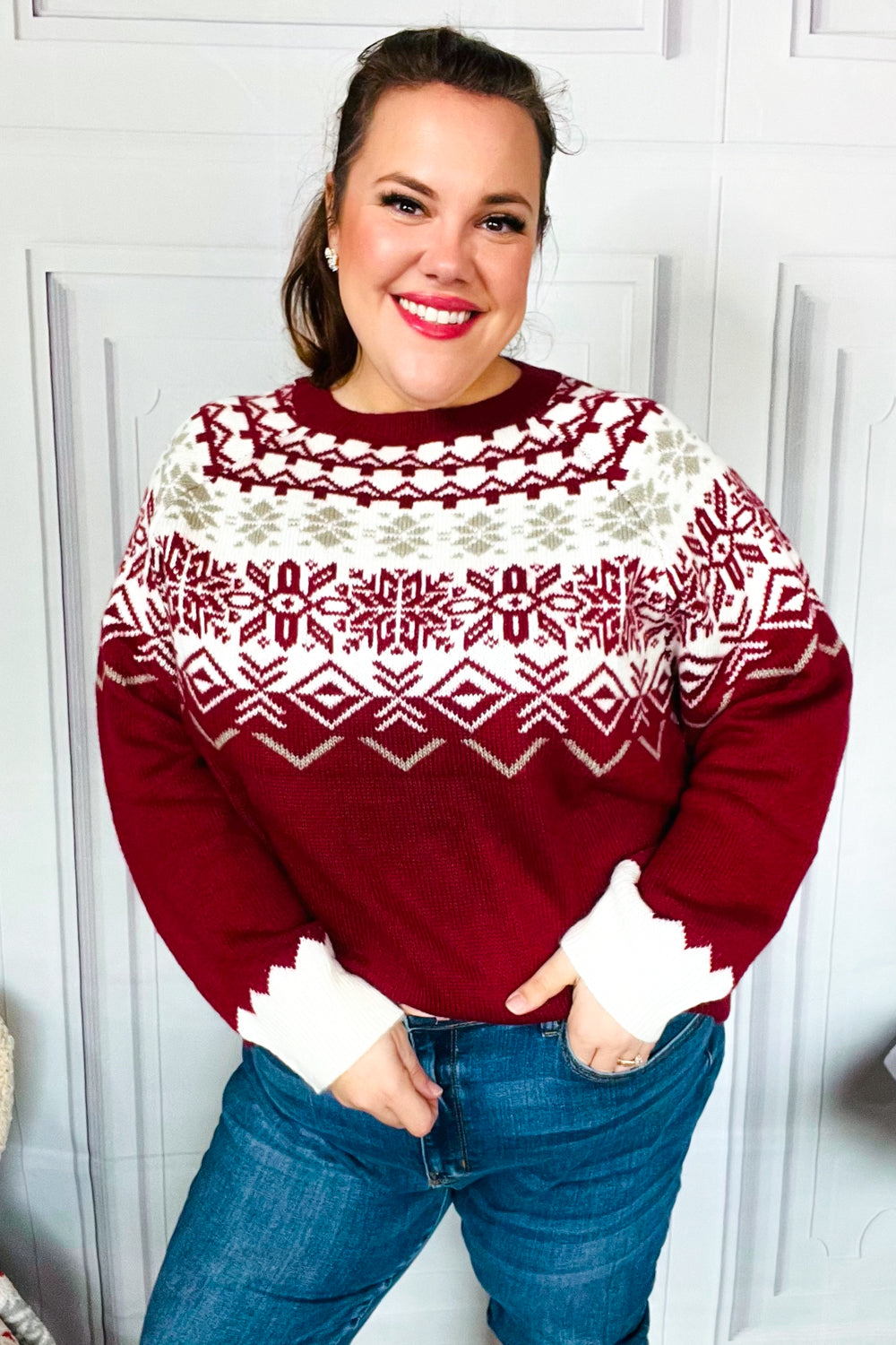Maxct &Merry Christmas Merlot Snowflake Oversized Sweater Top