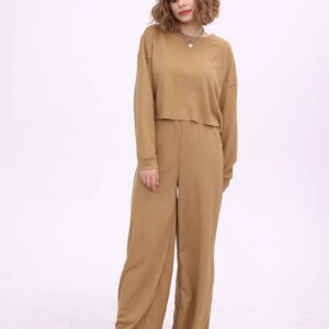 Maxct Waffle Solid Pullover Top & Knit Wide Pants